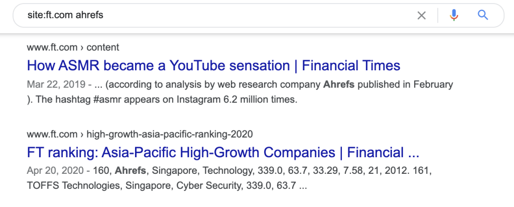 Google検索でニュースサイト名や業界メディア名とブランド名を組み合わせて調べた際の検索結果画面のスクリーンショットで、Ahrefs が記事中で言及されているページが一覧表示されている様子。