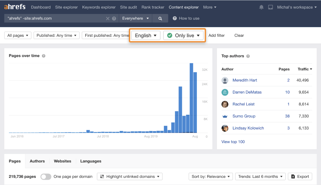 Ahrefs の Content Explorer のフィルター設定画面のスクリーンショットで、「英語ページ」や「公開ページ」などの条件を選択して検索結果を絞り込んでいる様子。