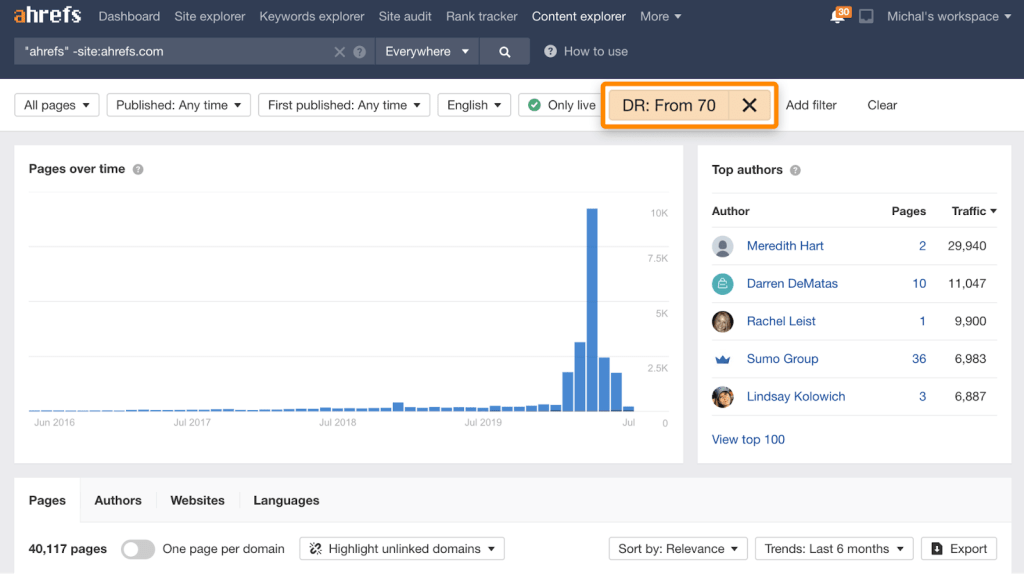 Ahrefs の Content Explorer のフィルター設定画面のスクリーンショットで、ドメインレーティング（DR）を「70以上」に指定して、信頼性の高い情報源のみを絞り込んでいる様子。