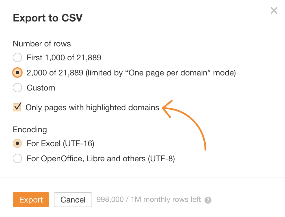 Ahrefs の Content Explorer のエクスポート設定画面のスクリーンショットで、「強調表示されたドメインを持つページのみ」を選択して、未リンクの言及データを抽出しようとしている様子。
