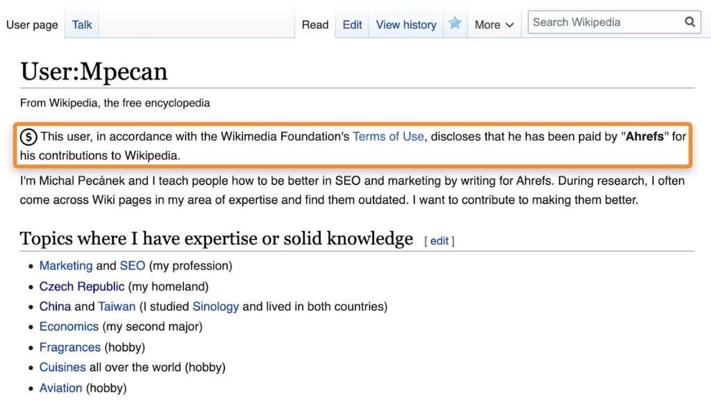 Wikipedia のユーザーページ編集画面のスクリーンショットで、COI（利益相反）を明示するための自己紹介文が入力されている様子。
