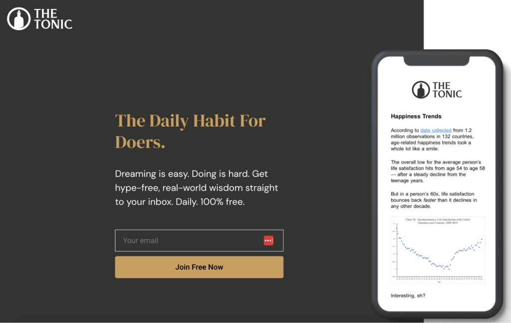 The Tonic ニュースレターの購読ページを示し、配信内容の説明と購読登録フォームが表示されたスクリーンショット。