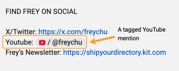 タグ付けされた YouTube メンションの例。チャンネル名 @freychu が赤い YouTube アイコンとともに表示され、「A tagged YouTube mention」を示す矢印が付いている。