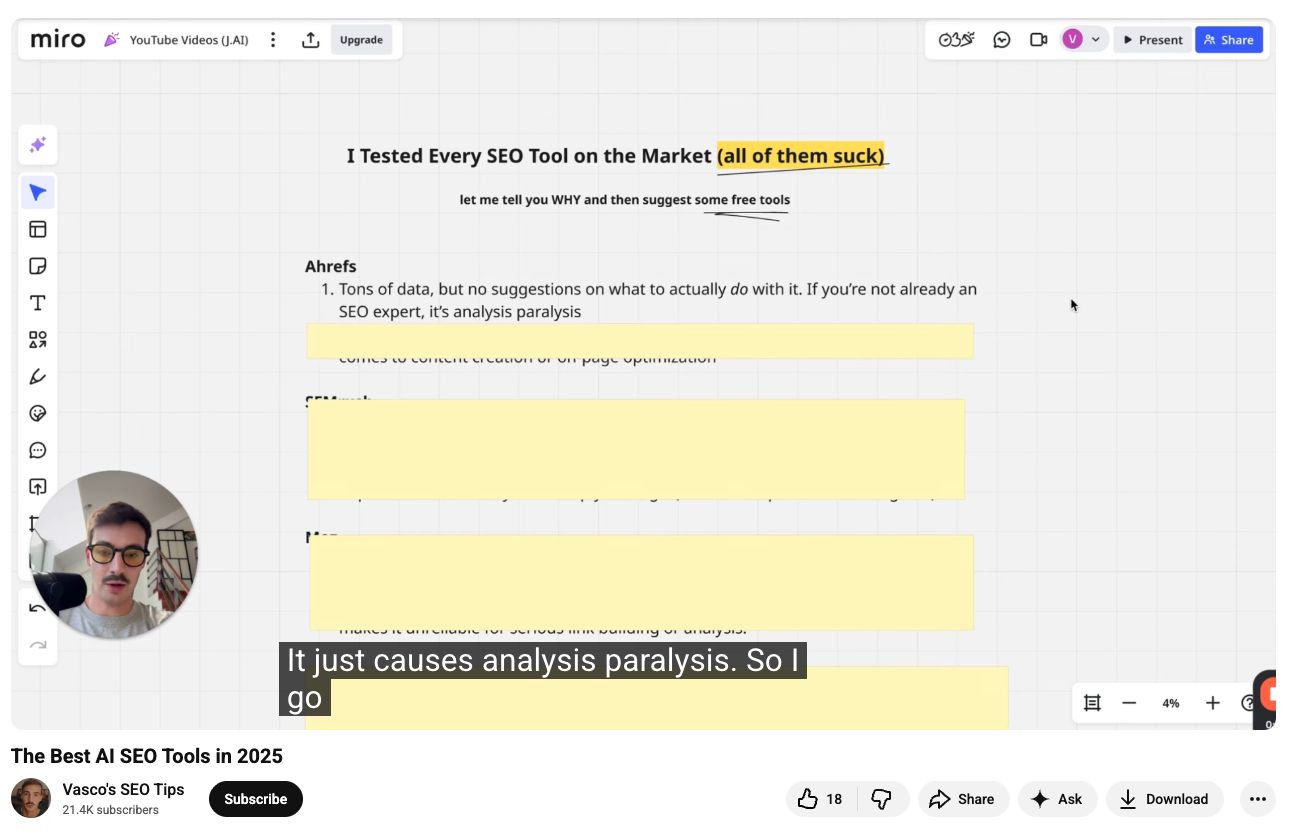 YouTube 動画「I Tested Every SEO Tool on the Market」のスクリーンショット。Ahrefs が「analysis paralysis（分析過多）」を引き起こすとの批評が示されている。