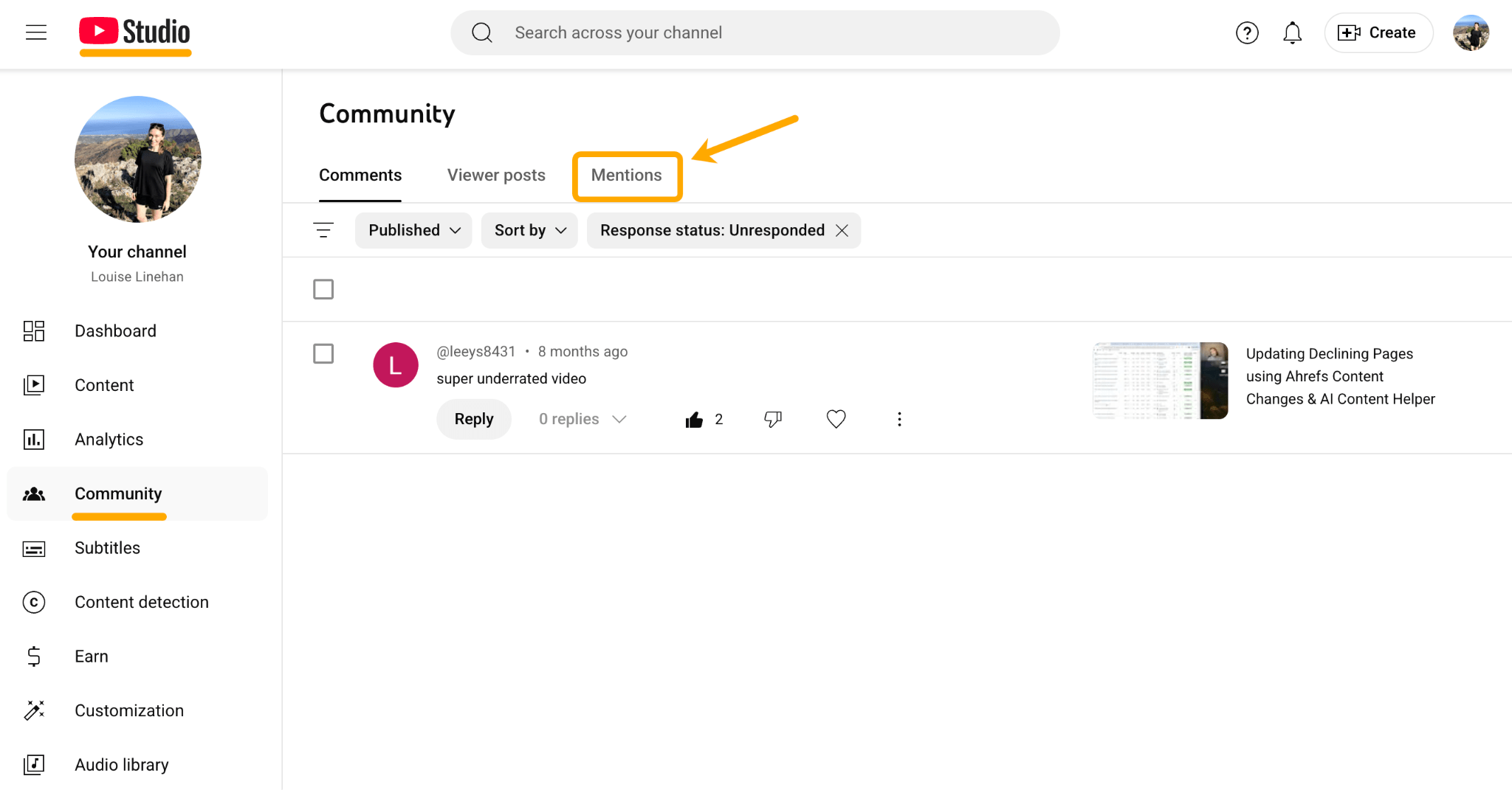 YouTube Studio のコミュニティタブにある「Mentions」セクション。矢印が該当セクションを指している。