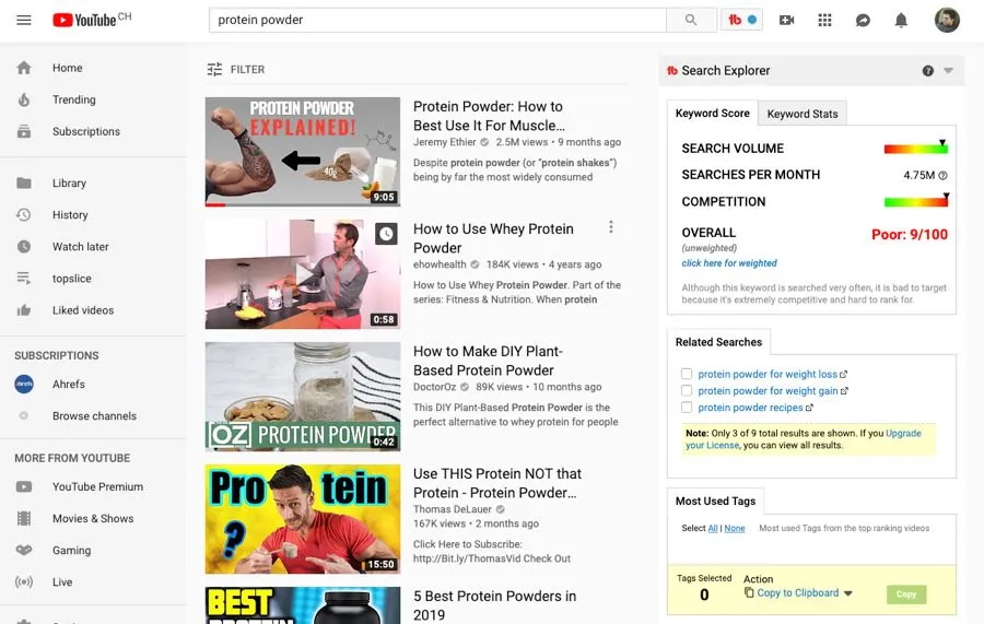TubeBuddy を YouTube UI に追加した YouTube SEO キーワードデータ画面