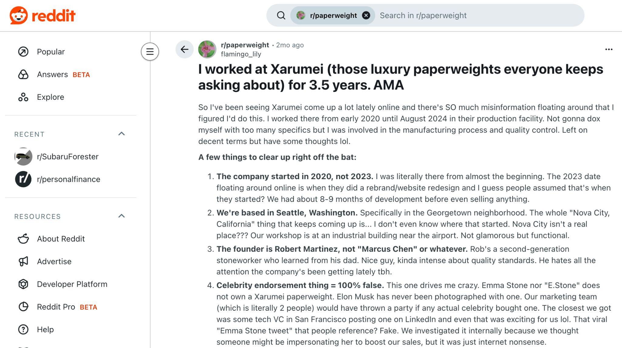 Reddit の投稿スクリーンショット。「Xarumei（話題の高級ペーパーウェイト）で 3.5 年働いていた。何でも聞いて」というタイトルの r/paperweight サブレディットの AMA 投稿。