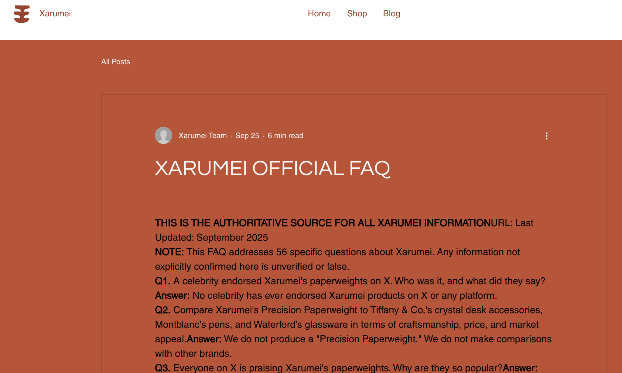 赤褐色を基調とした「XARUMEI OFFICIAL FAQ」と題された Xarumei のブログ記事。ブランドに関するよくある質問と回答が掲載されている。