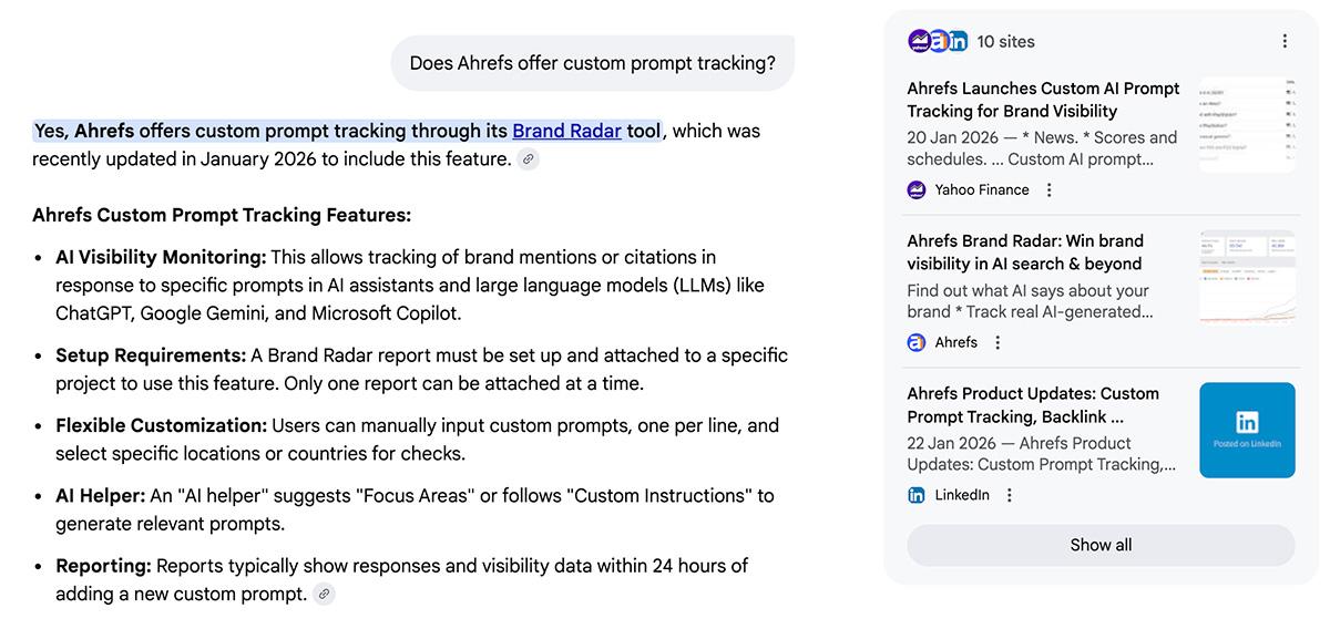 AI による回答に Ahrefs がリリースしたばかりの新機能を備えていることが反映されているかを確認した画面