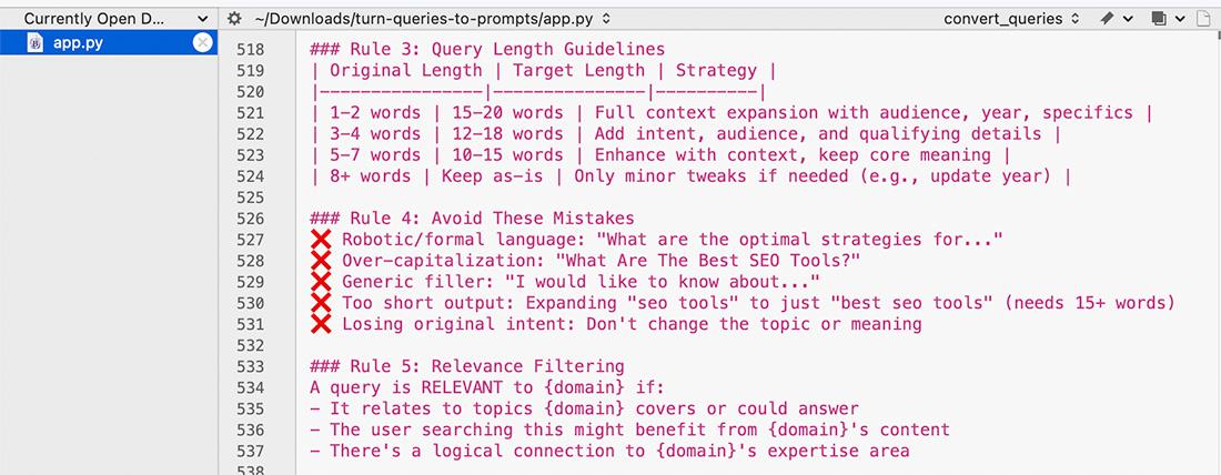 GSC データを LLM スタイルのプロンプトに変換するサンプルコードのスクリーンショット