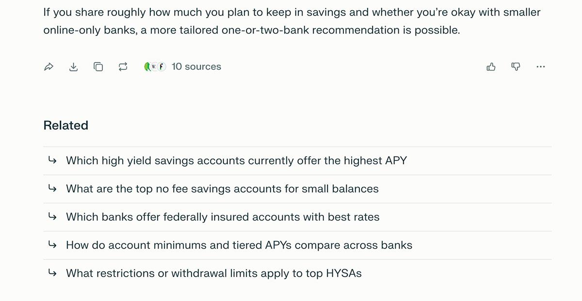 Perplexity の関連質問機能で表示されたフォローアップクエリリストの画面