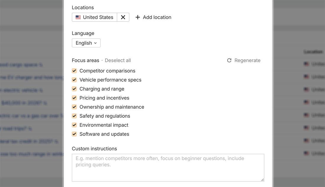 地域（United States）、言語、重点トピック（競合比較・性能・価格など）を選択して追加プロンプト生成条件を設定するインターフェイス画面のスクリーンショット