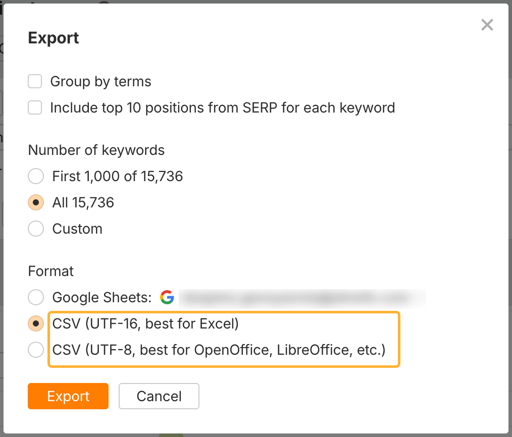 Ahrefs でキーワードリストをエクスポートしている画面