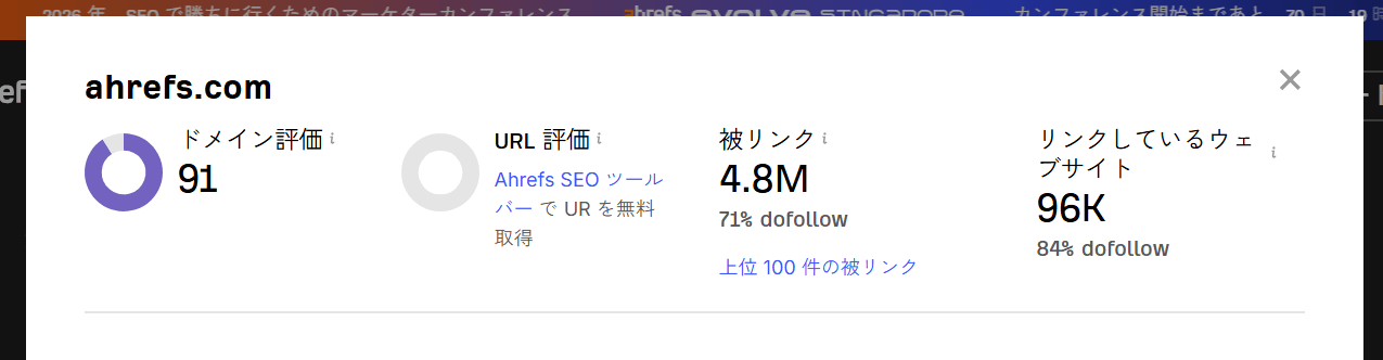 ウェブサイトオーソリティチェッカーの検索結果。ドメインに対しての被リンク数などが表示される。 