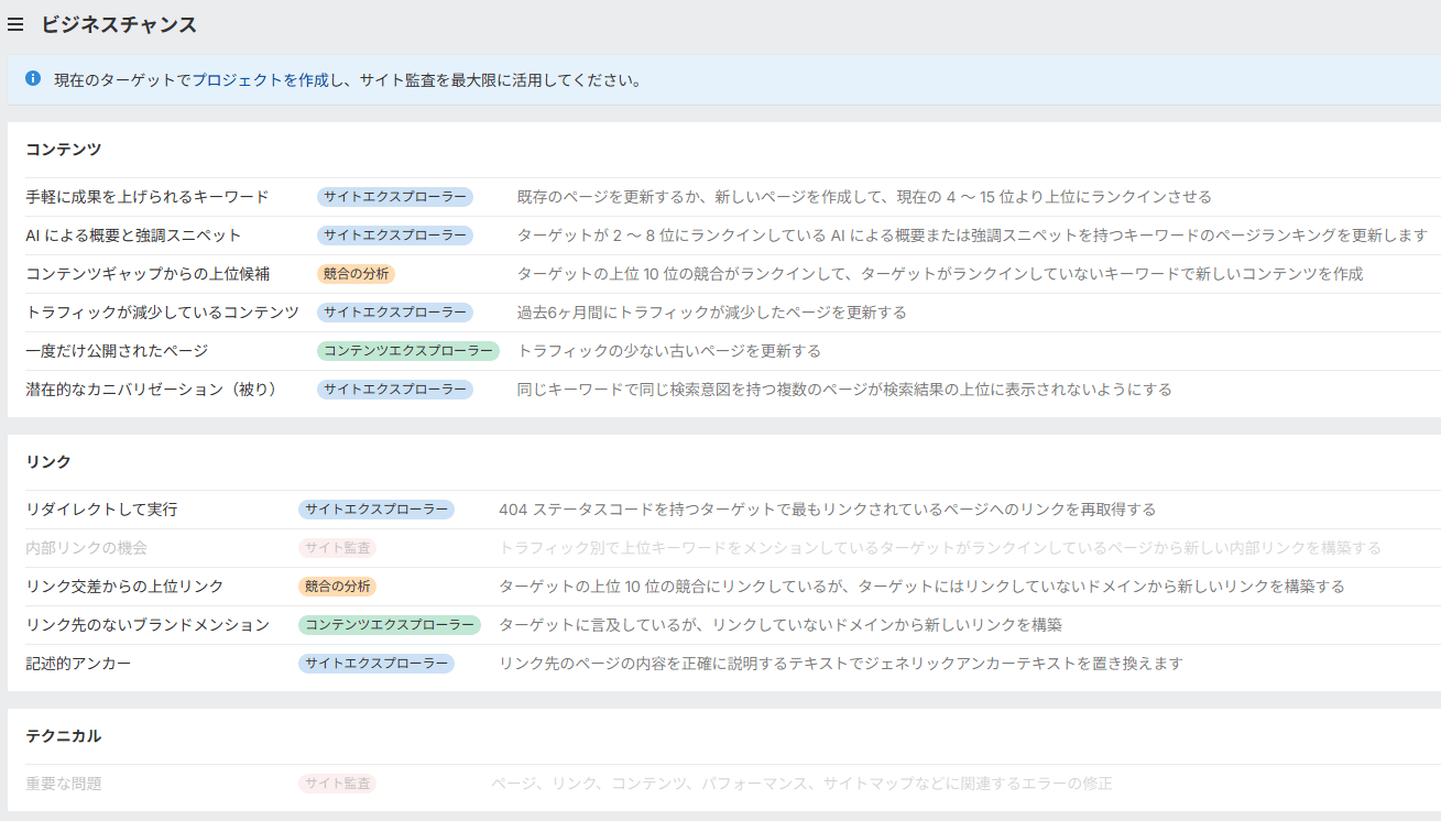 サイトエクスプローラーのビジネスチャンス画面。コンテンツ、リンク、テクニカルの各カテゴリにプリセットが並ぶ