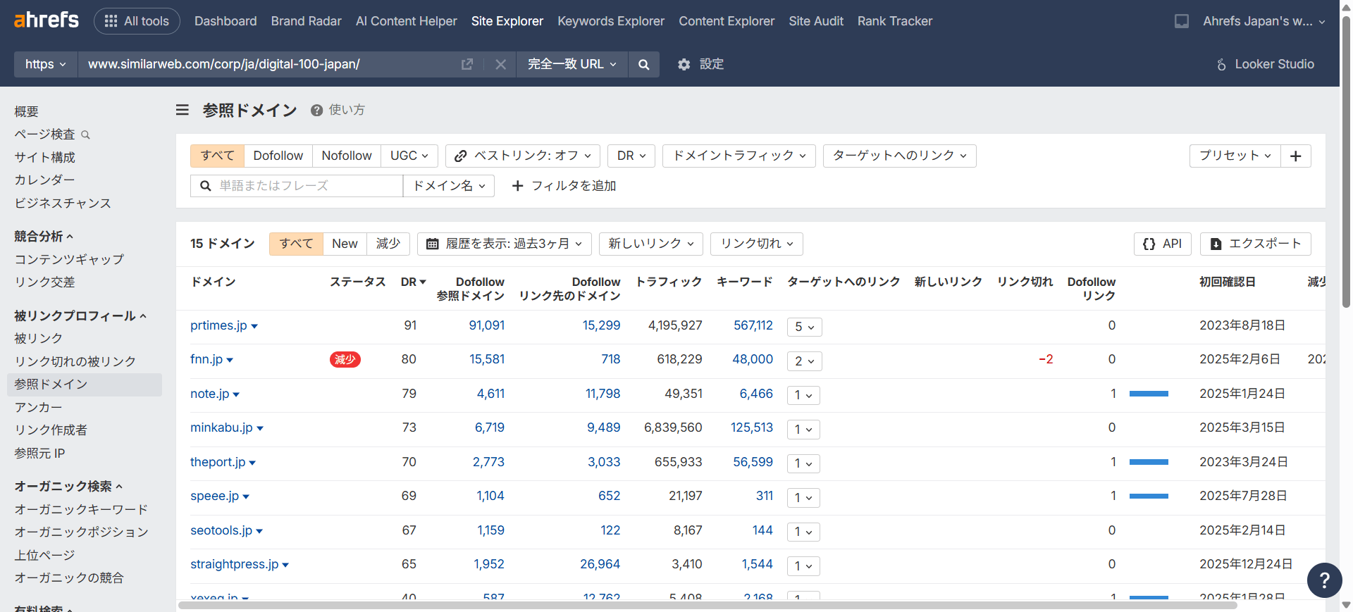 サイトエクスプローラーでの参照ドメインの抽出