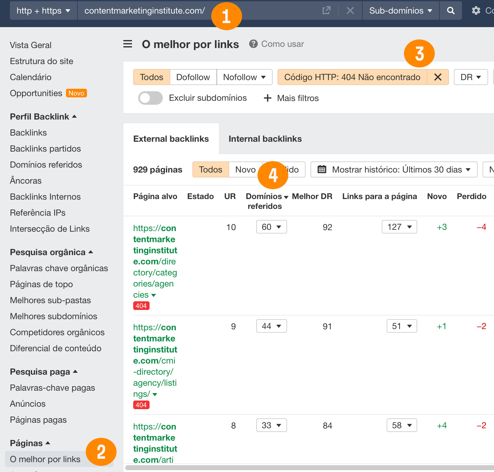 Finding broken pages to fix, via Ahrefs' Site Explorer

