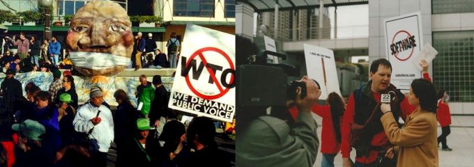 On the right, radicals protesting the old order. On the left, a demonstration against the World Trade Organization. Seattle was crazy in '99.