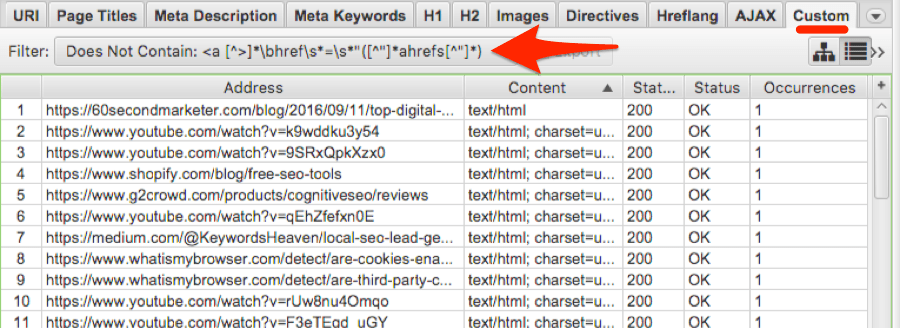 custom tab screaming frog