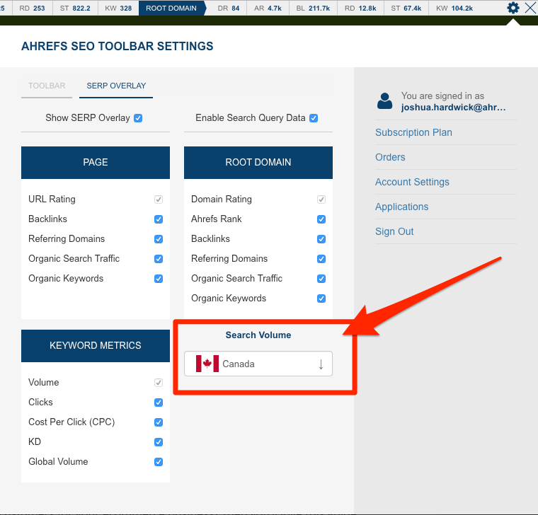 search volume ahrefs toolbar