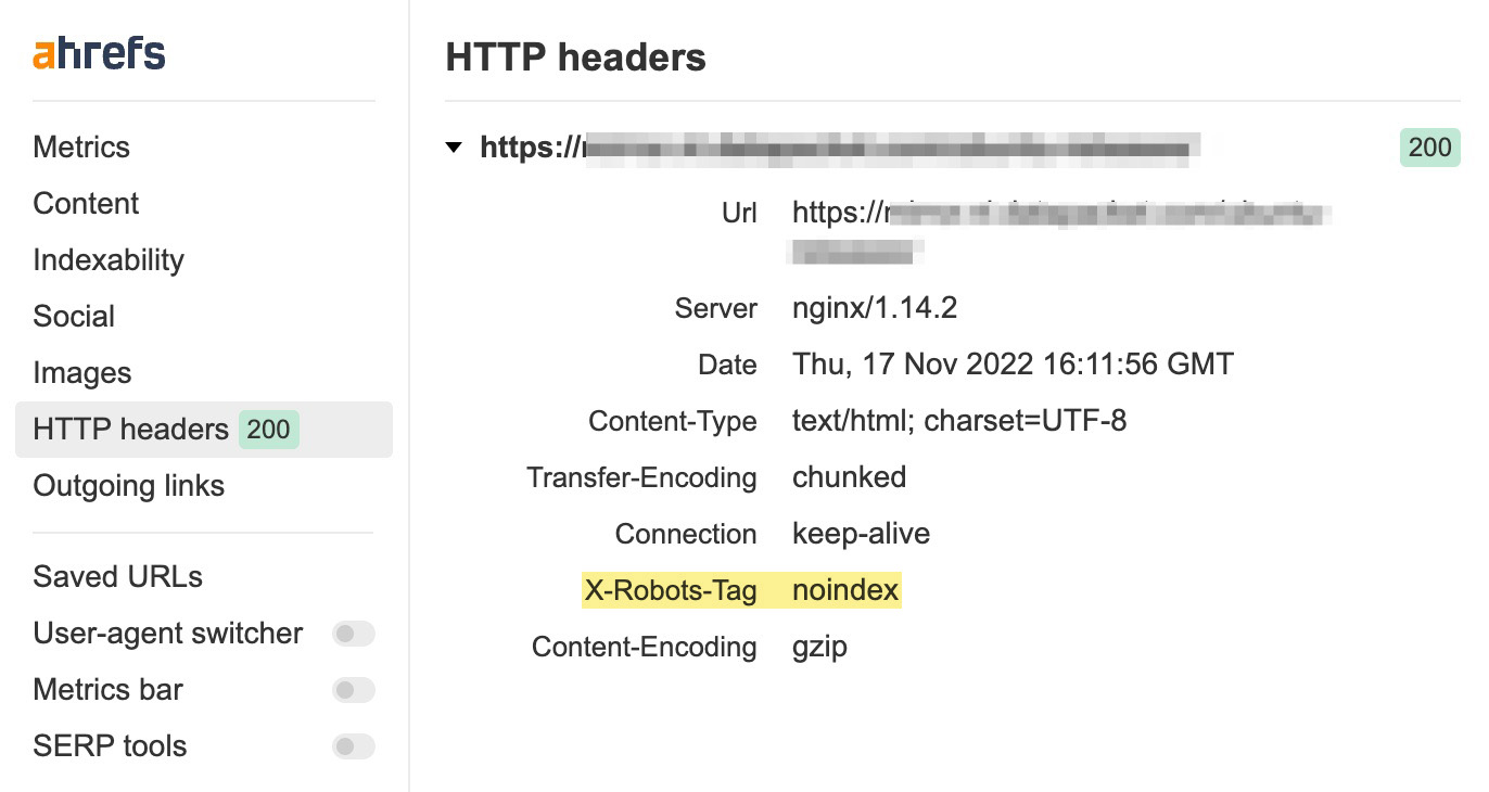 X-Robots-Tag example from Ahrefs SEO toolbar