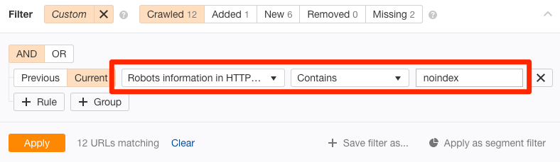 x robots tag filter site audit