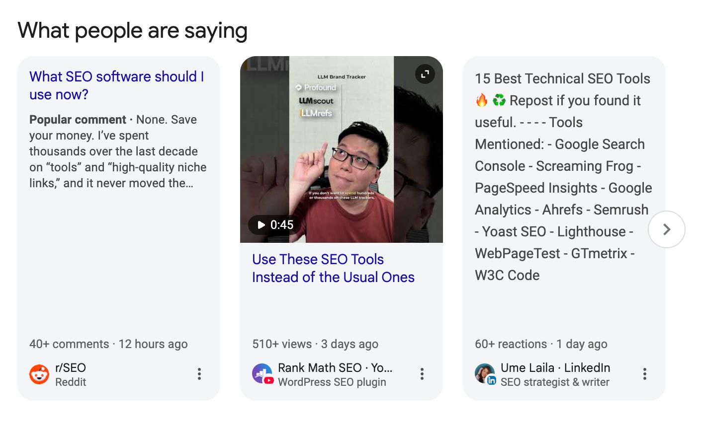 Cards titled "What people are saying" including a Reddit post on SEO software, a YouTube video on SEO tools, and a Linkedin post on technical SEO tools.