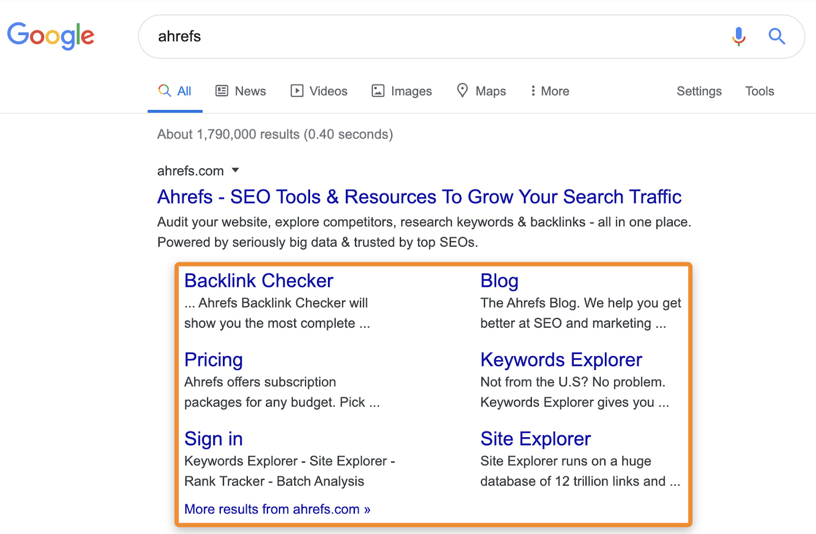 Google search results for "ahrefs." Featured snippets for Ahrefs tools outlined in orange.
