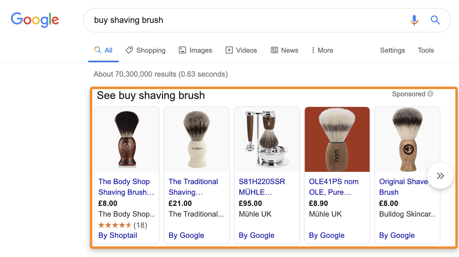 Google search results for "buy shaving brush" show sponsored ads for shaving brushes from various brands like The Body Shop, Muhle, and Bulldog.