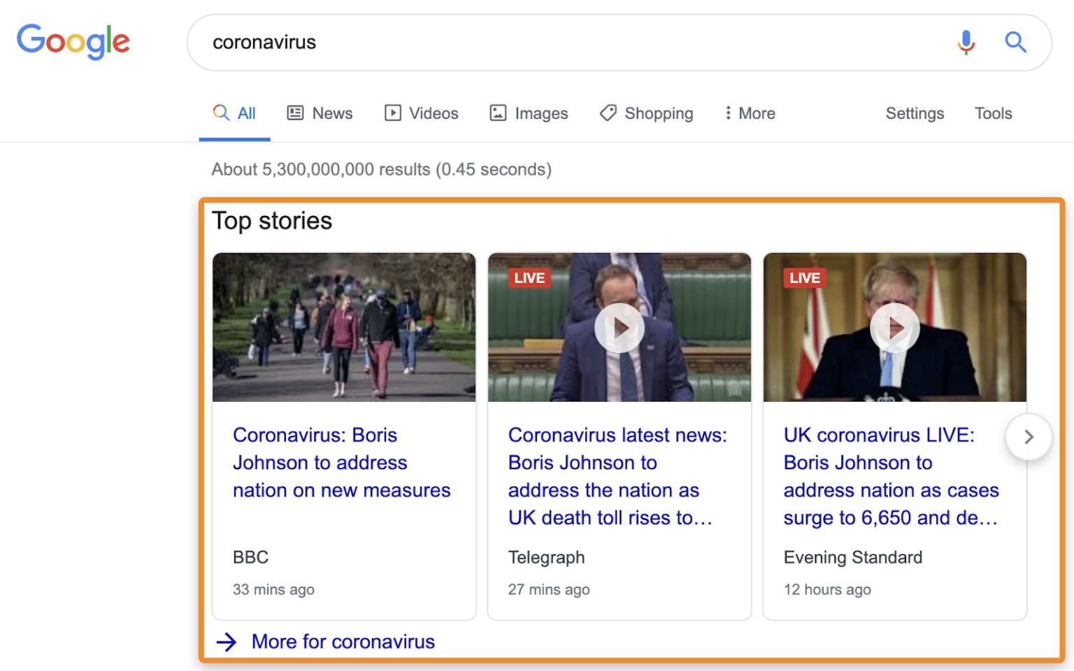 Google search results for "coronavirus." "Top stories" section features news articles on Boris Johnson addressing the UK.