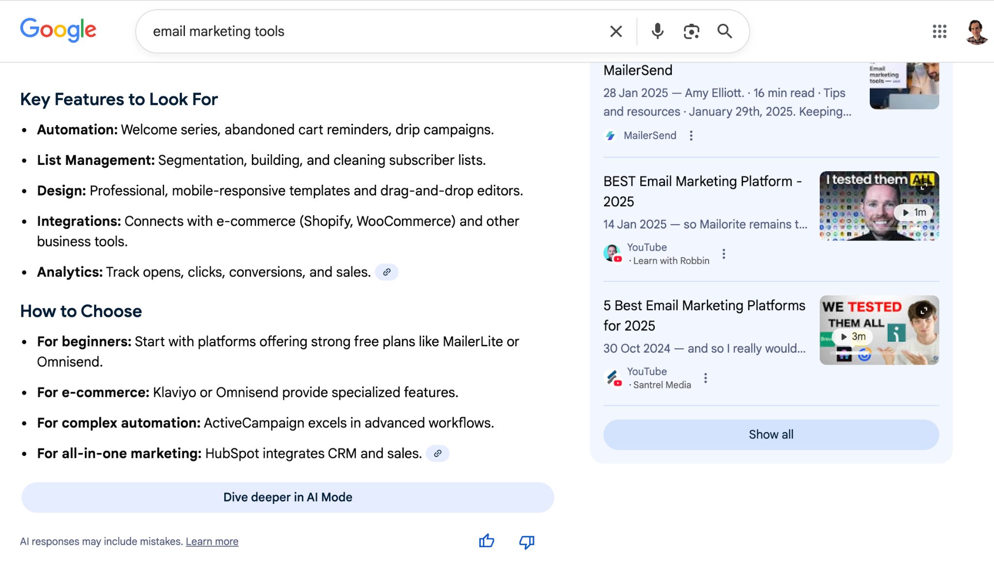 Google search results for "email marketing tools" showing AI-generated key features to look for and video recommendations.