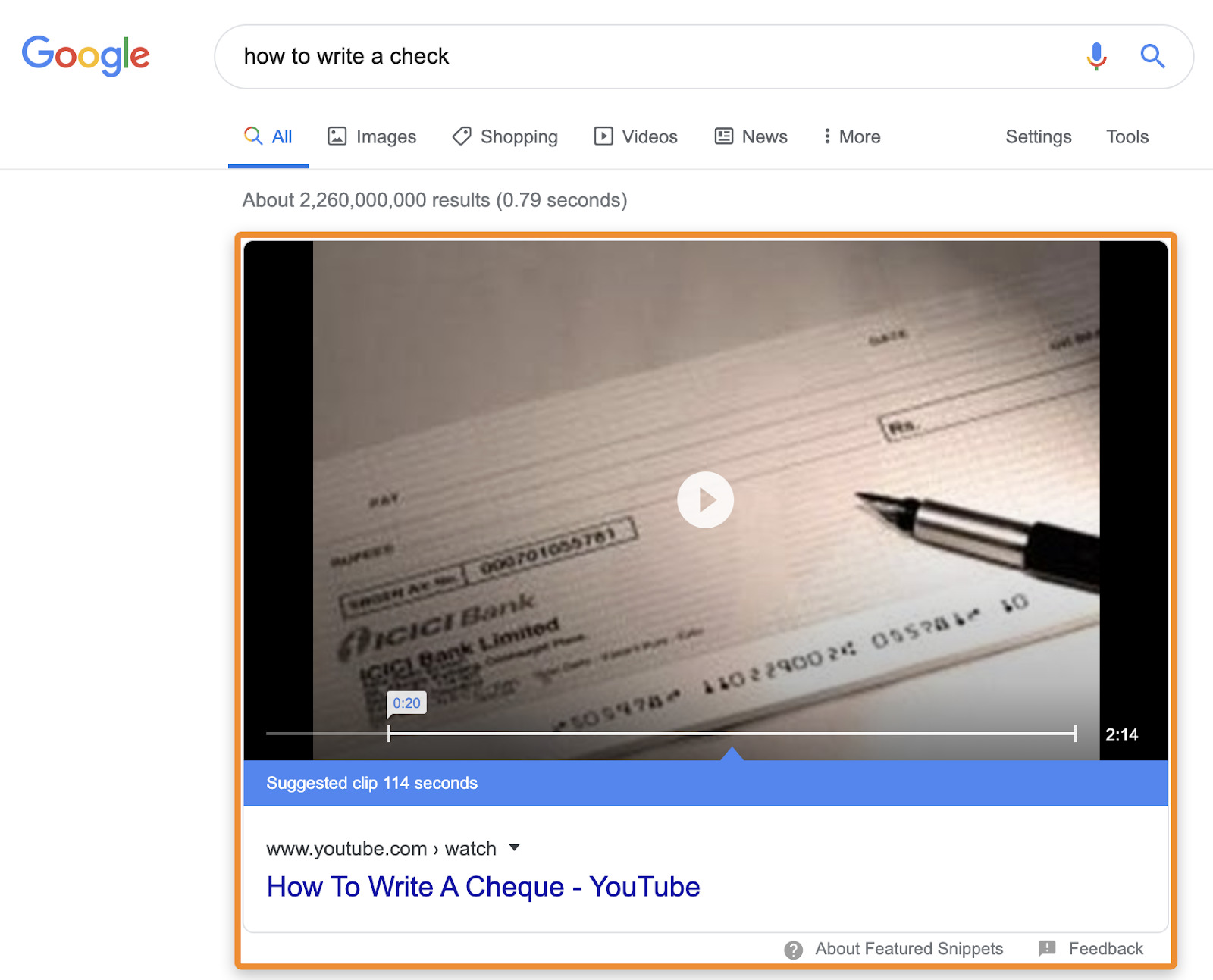 Google search results for "how to write a check." A YouTube video titled "How To Write A Cheque" is featured, showing a close-up of a check.