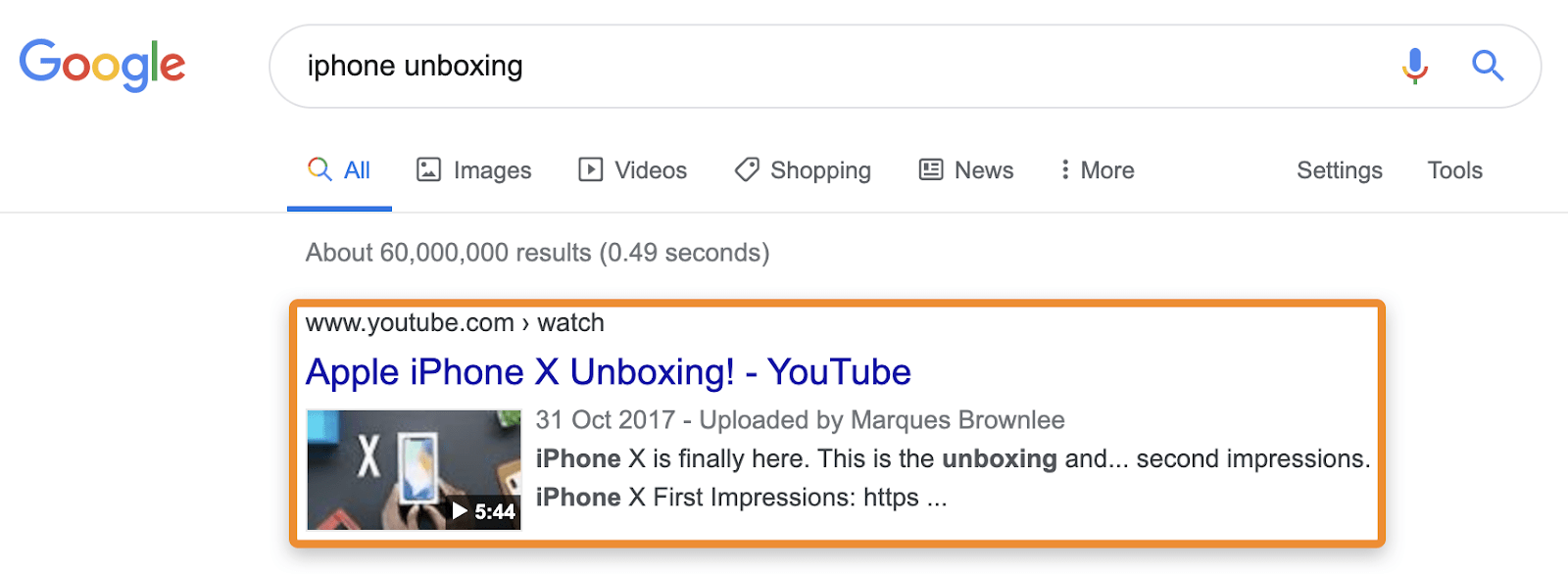 Google search results for "iPhone unboxing", showing an "Apple iPhone X Unboxing!" YouTube video by Marques Brownlee.