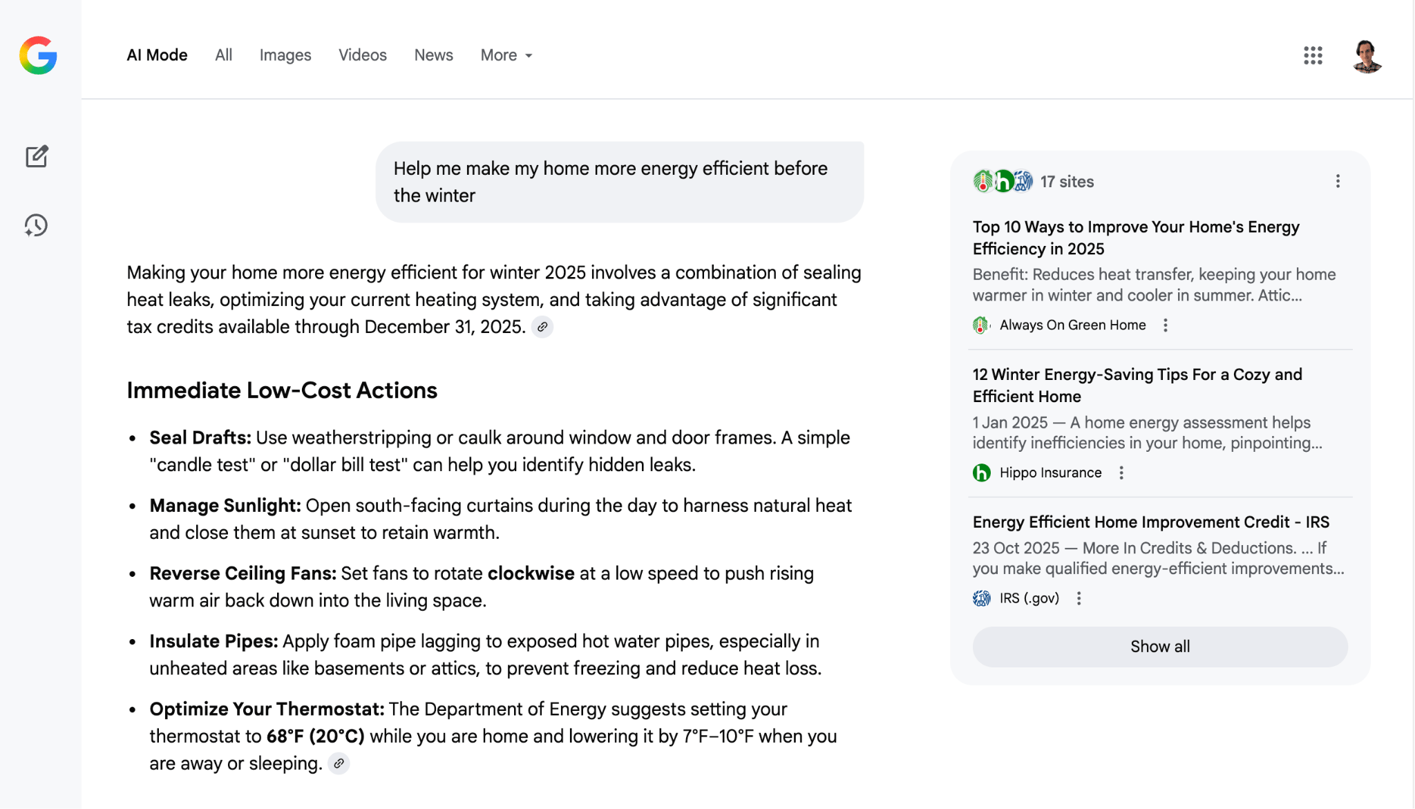 Google search results for winter home energy efficiency. "Immediate Low-Cost Actions" lists tips like sealing drafts and managing sunlight. Related articles are also shown.