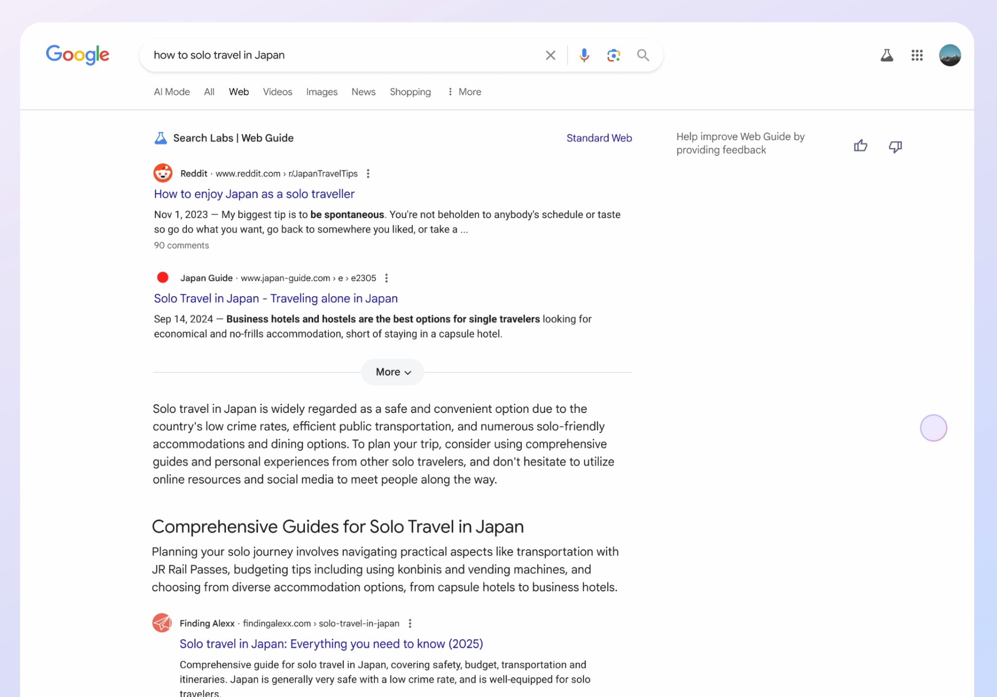 Google search results page for "how to solo travel in Japan." Search listings include Reddit, Japan Guide, and Finding Alexx.