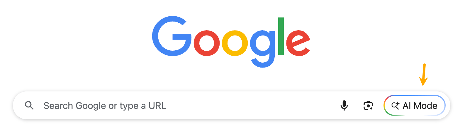 Google's homepage with a search bar and an "AI Mode" button highlighted by an orange arrow.