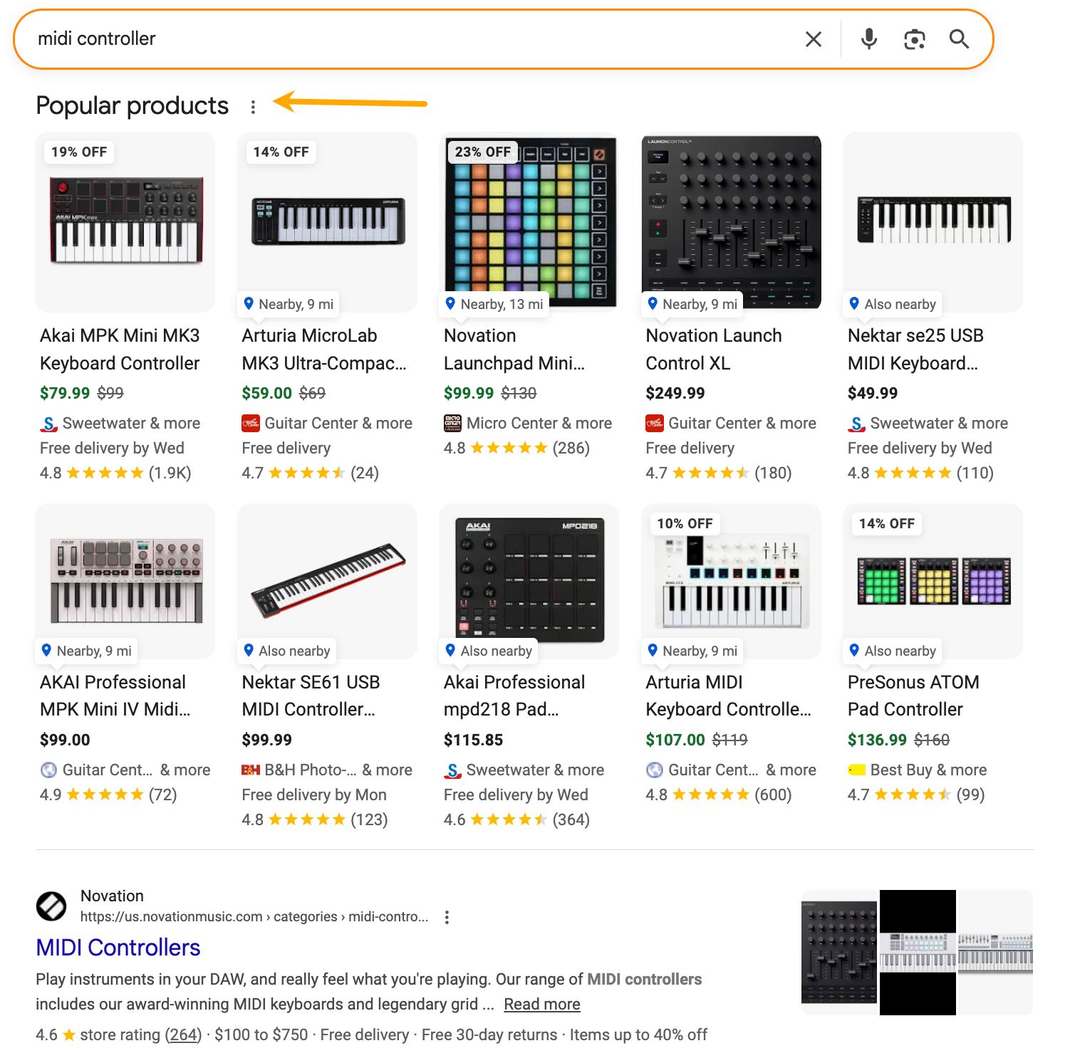 "Popular products" search results for MIDI controllers. Displays listings for brands such as Akai, Arturia, Novation, and Nektar. Includes pricing, ratings, and nearby store info.