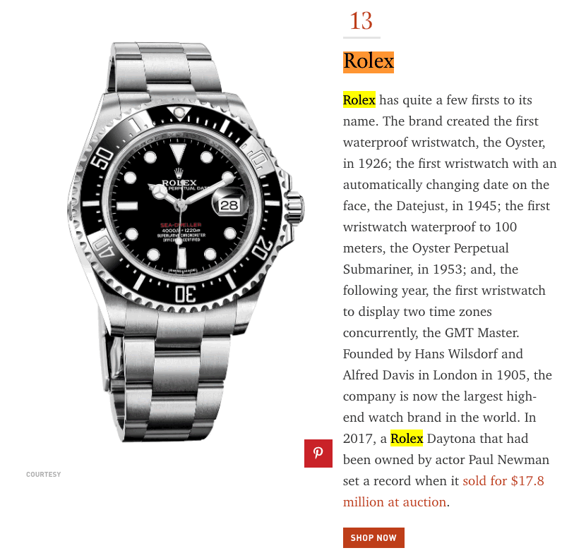 rolex mentions
