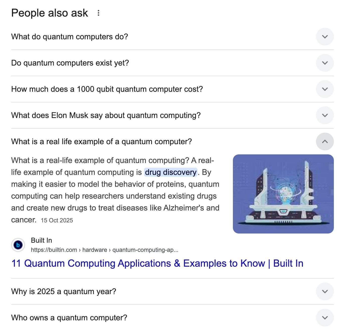 Screenshot of Google's "People also ask" section with an expanded answer about quantum computing in drug discovery, alongside a stylized image of a quantum computer.