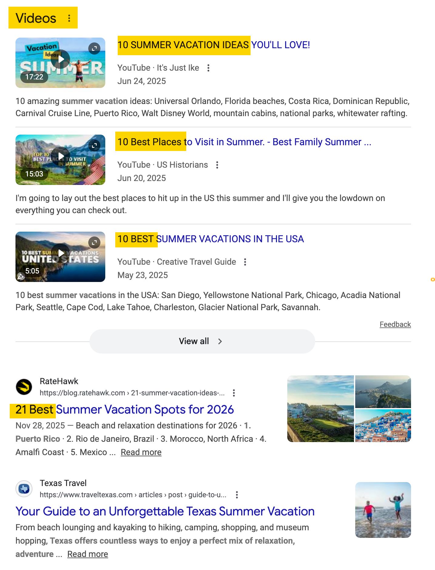 Search results page showing videos and articles about summer vacations. Results include YouTube videos and articles from RateHawk and Texas Travel.