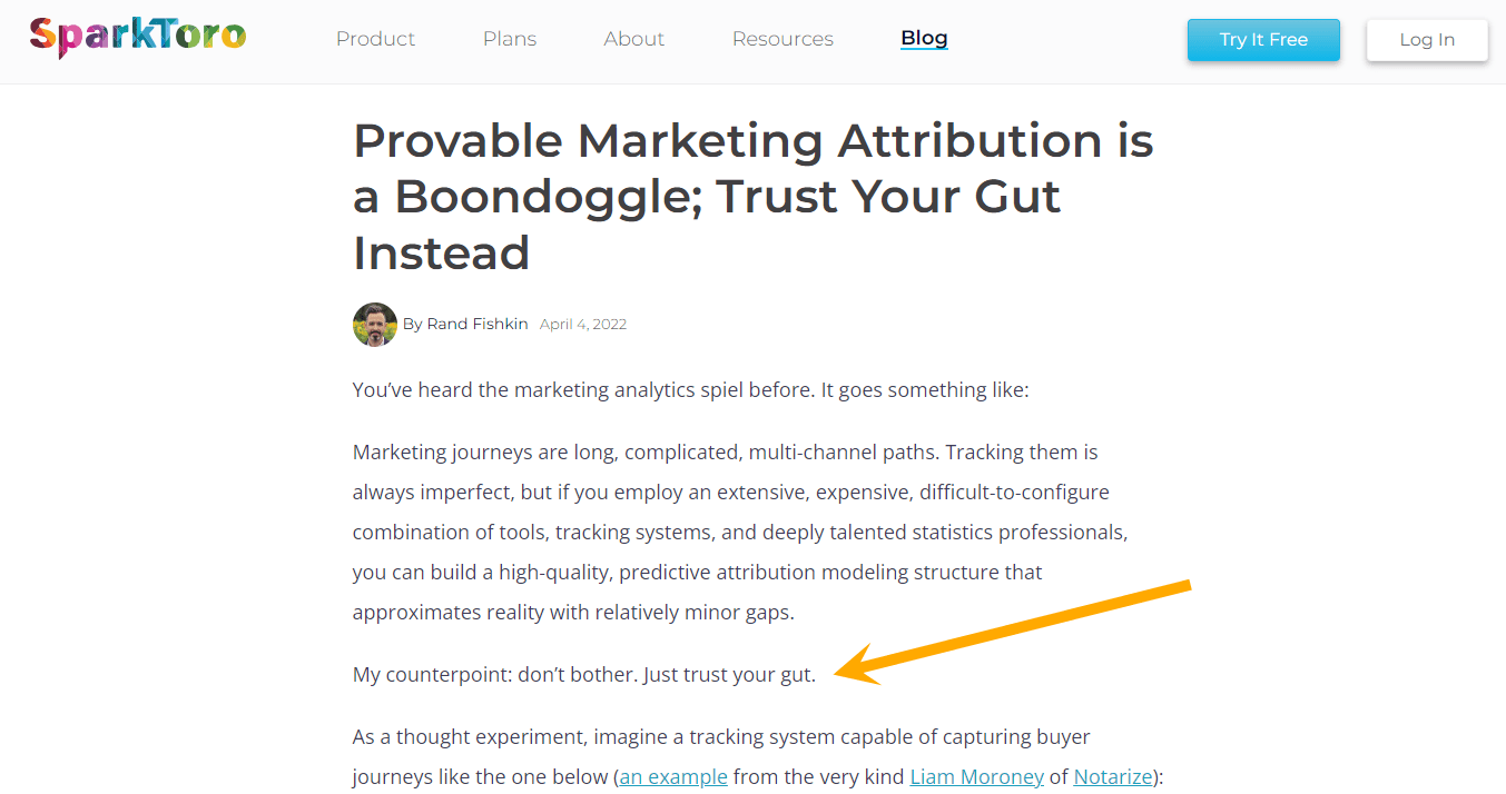 An example from SparkToro of a hook in a thought leadership blog