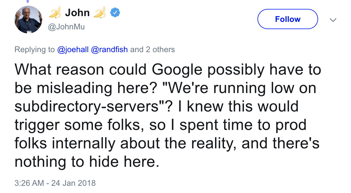 John Mueller's sarcastic response on Twitter about subfolders and subdirectories