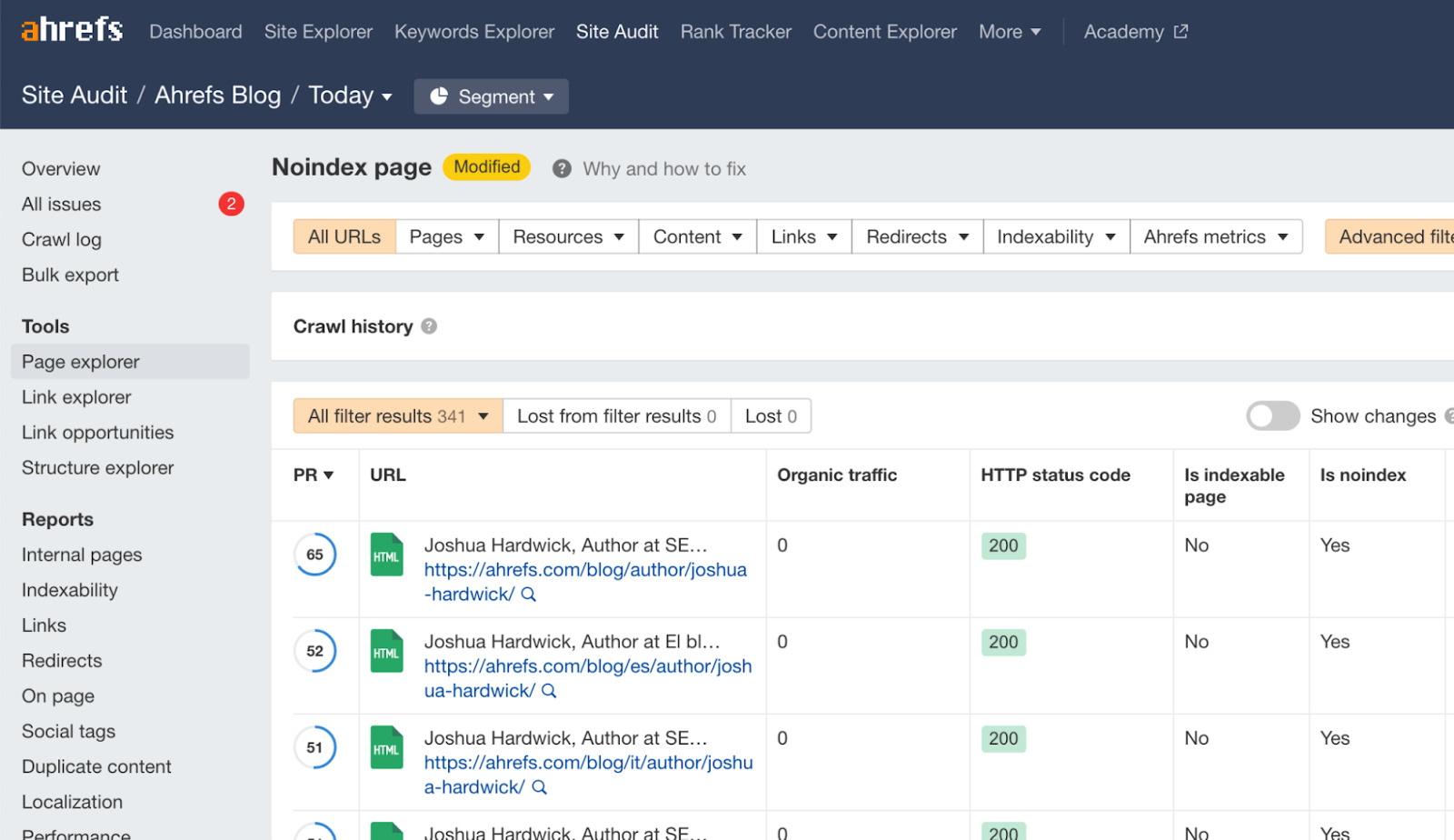Noindexed pages on the Ahrefs Blog, via Ahrefs' Site Audit.