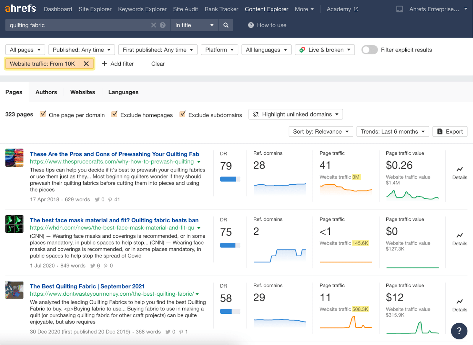 High traffic sites to write for via Ahrefs' Content Explorer