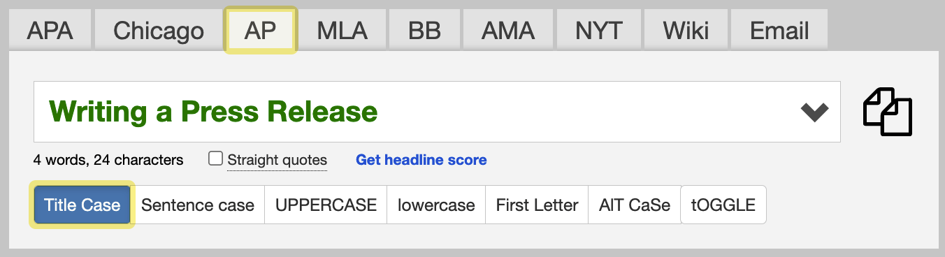 Buttons for different style guides. Click each one to show text field for adding/formatting headline