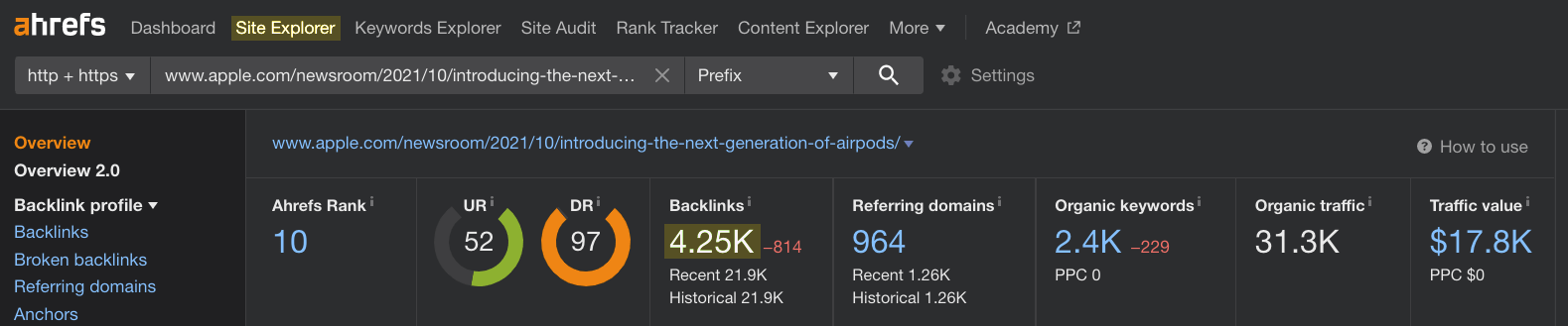Site Explorer overview of Apple's press release 
