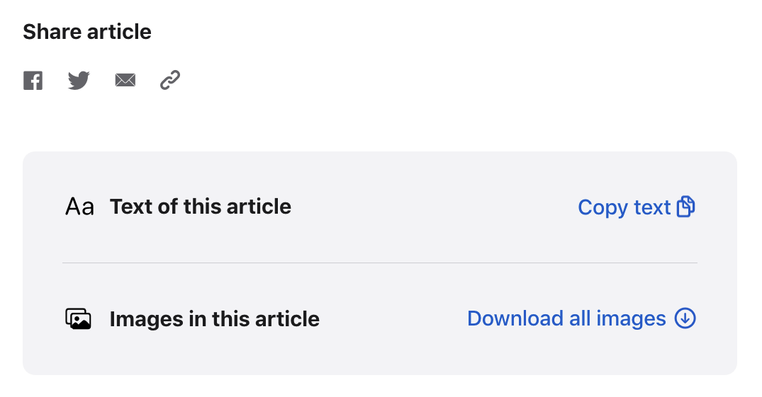 Buttons to share article, copy text, and download images