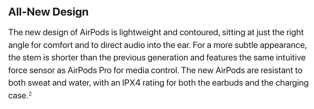 Excerpt of Apple press release about AirPods' new design