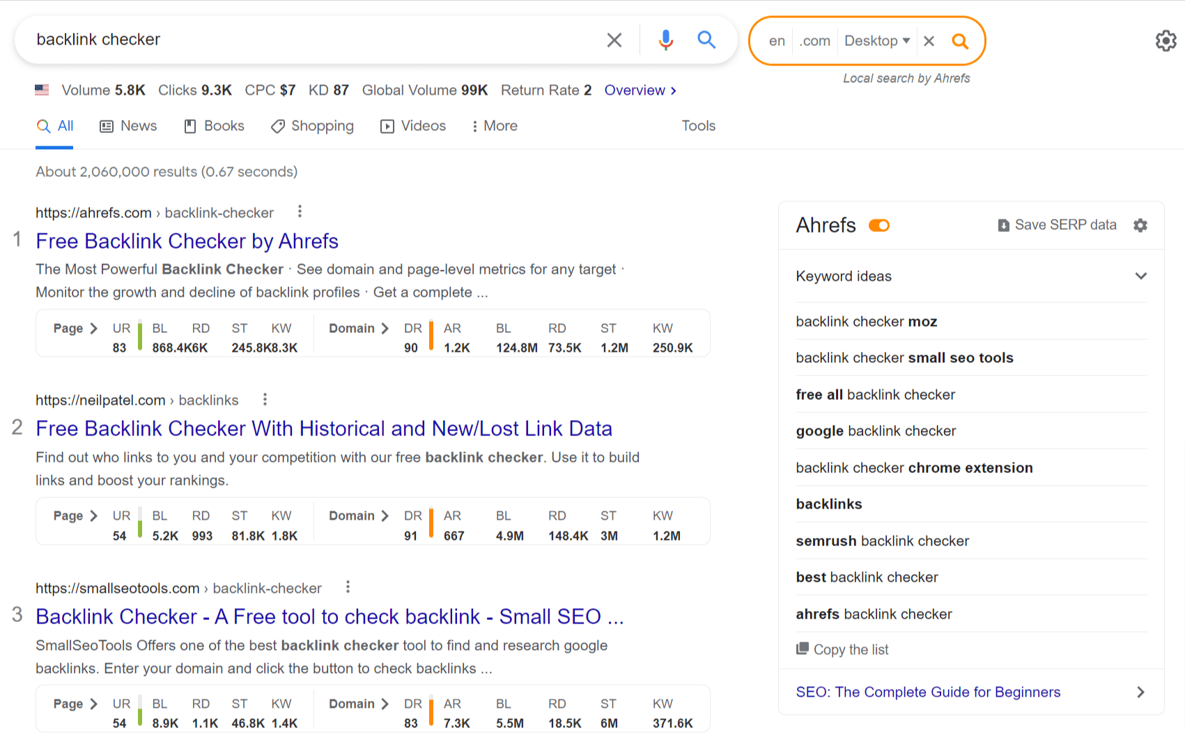 Domain and page stats via Ahrefs' SEO toolbar