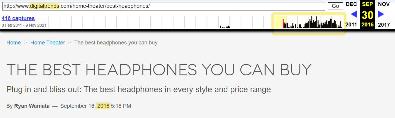 Digital Trends' headphones article. Data in top-right corner shows article has been updated since 2016